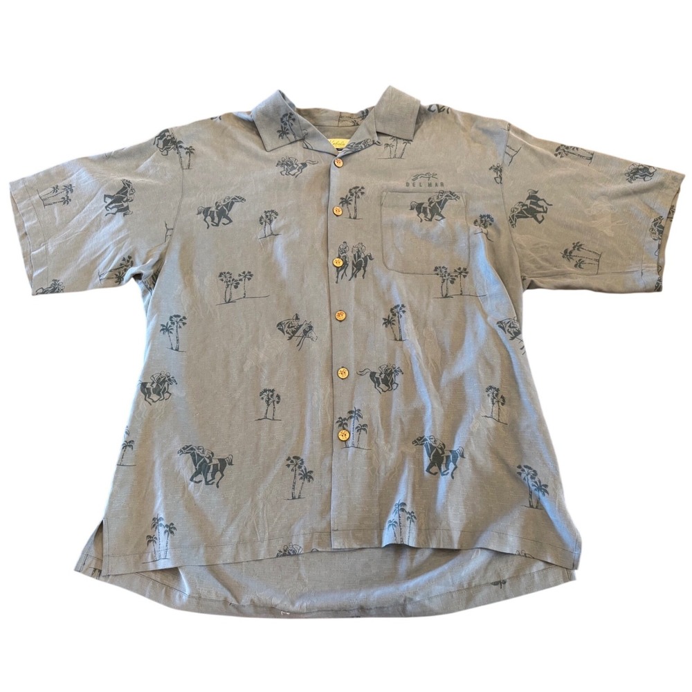 Kahala Del Mar Silk Hawaiian Shirt Mens XL Blue Grey Horse Racing Palm Tree